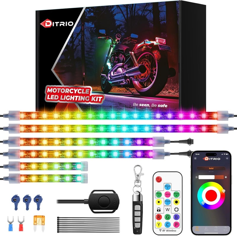 DITRIO 6Pcs Motorcycle Led Underglow Kit with APP & 2 RF Remote Control,Motorcycle RGB Lights with Brake Turn Signal, Dual Zone,12V Waterproof Pixelglow Effects for Motorcycles, Golf Carts, ATVs, UTVs - Image 1